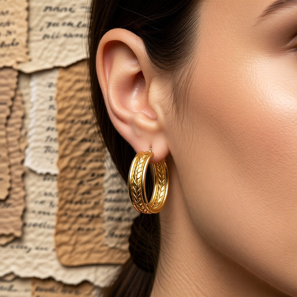 Aramat Jewels gold-coloured oval hoop earrings with a gourmet link pattern, made of stainless steel.