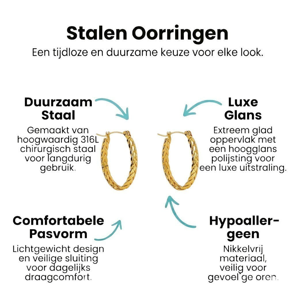 Aramat Jewels gold oval hoop earrings with a braided link design, made of stainless steel.