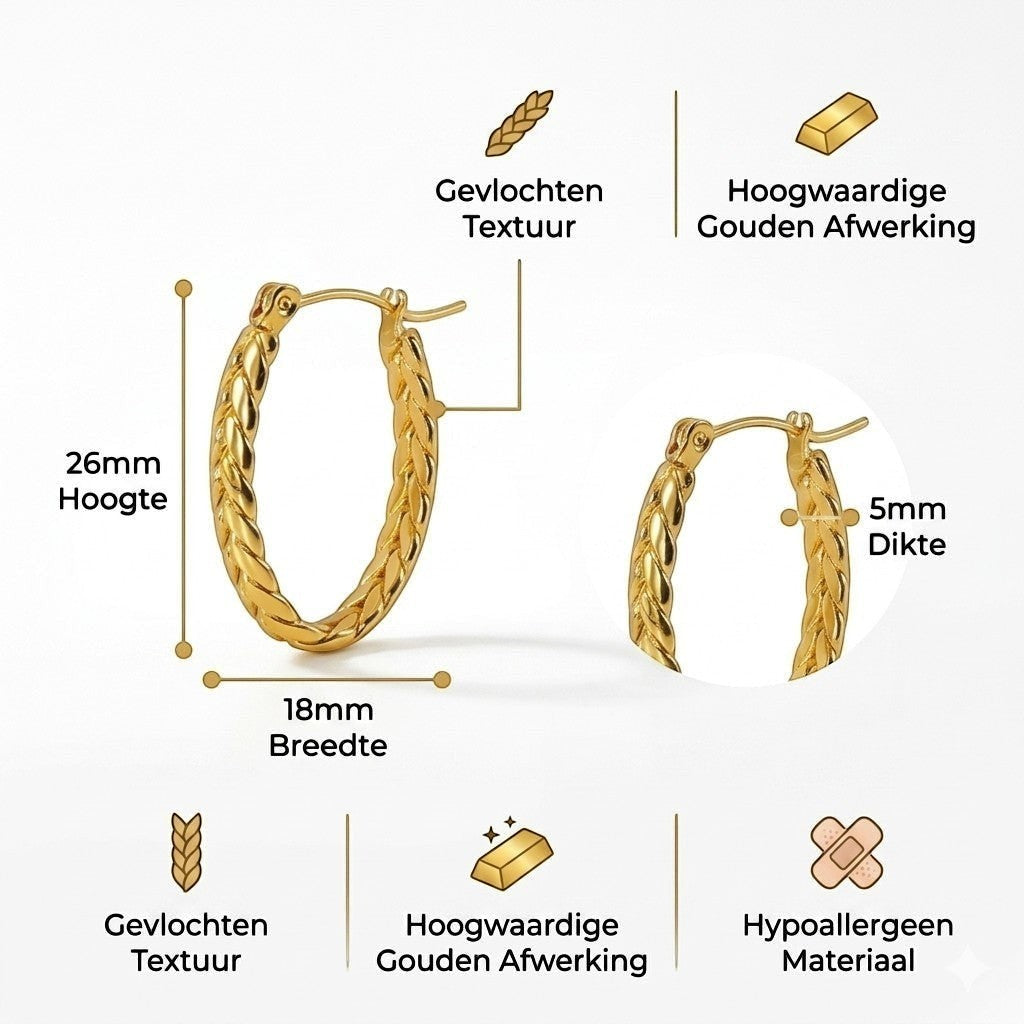 Aramat Jewels gold oval hoop earrings with braided texture, 26x18mm, made of stainless steel.