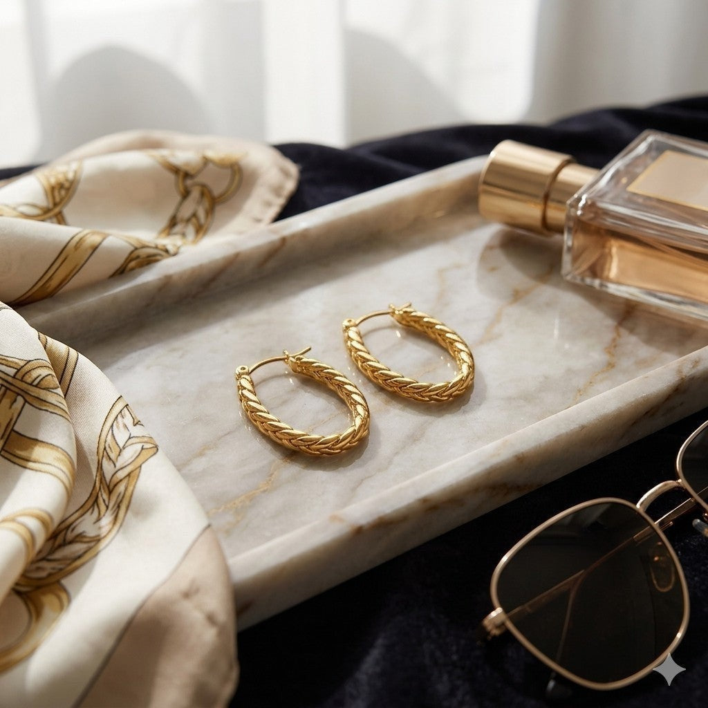 Aramat Jewels gold oval hoop earrings with a braided texture, 26x18mm, made of stainless steel.