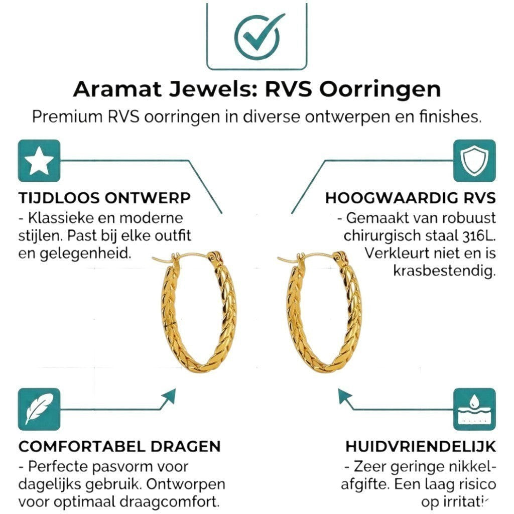 Aramat Jewels gold-coloured oval hoop earrings with a braided texture, made of stainless steel.