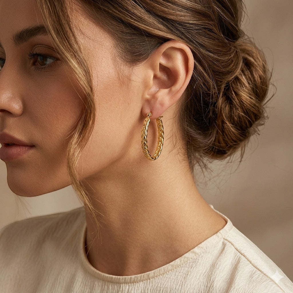 Aramat Jewels gold oval hoop earrings with a braided texture, worn by a model.