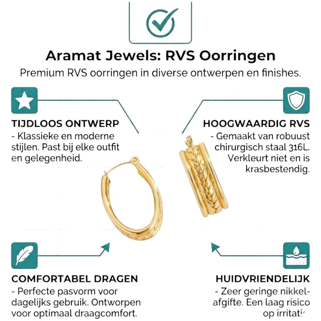 Aramat Jewels gold oval hoop earrings with gourmet link detail, 25x18mm, made of stainless steel.