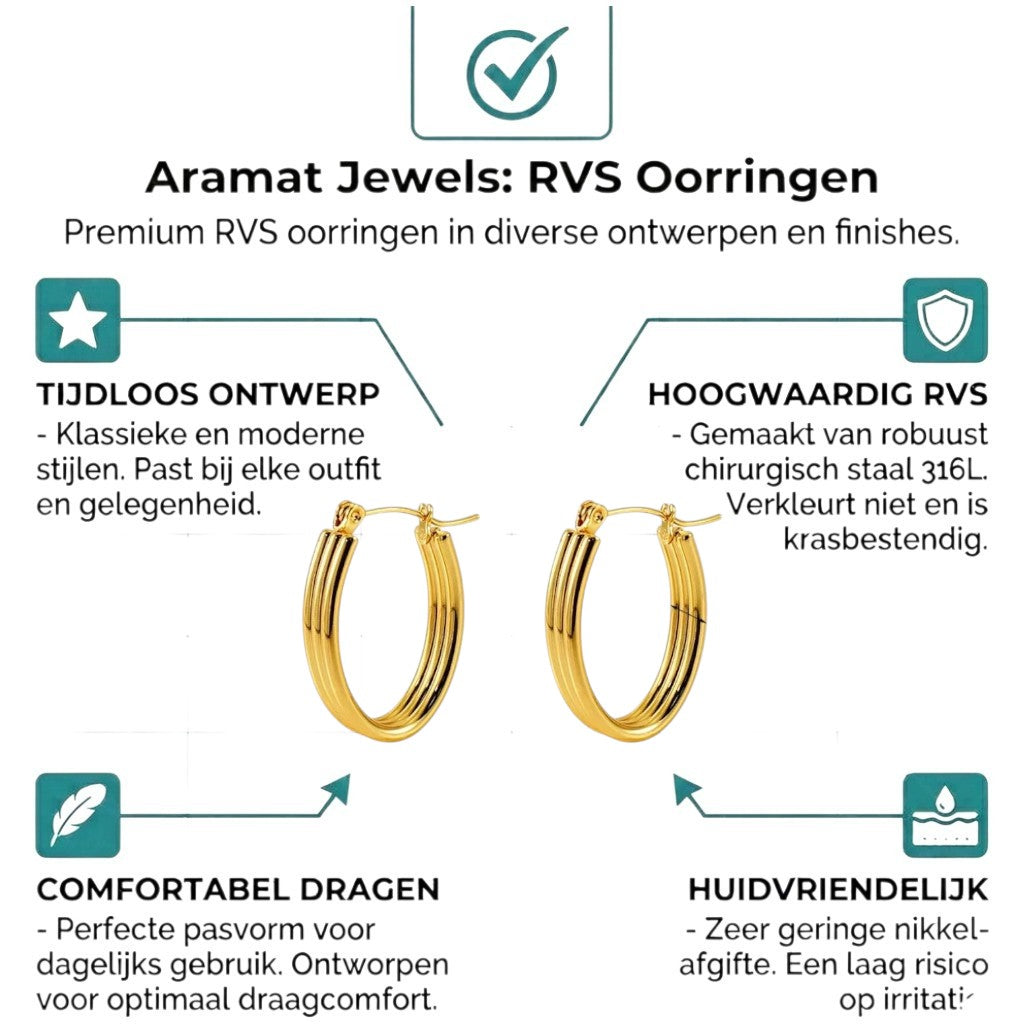 Aramat Jewels gold oval hoop earrings with a ribbed texture, 26mm size.