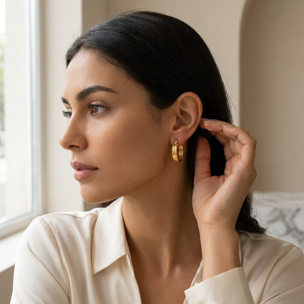 Aramat Jewels gold oval hoop earrings with ribbed texture, 26mm, worn by a woman in a cream blouse.