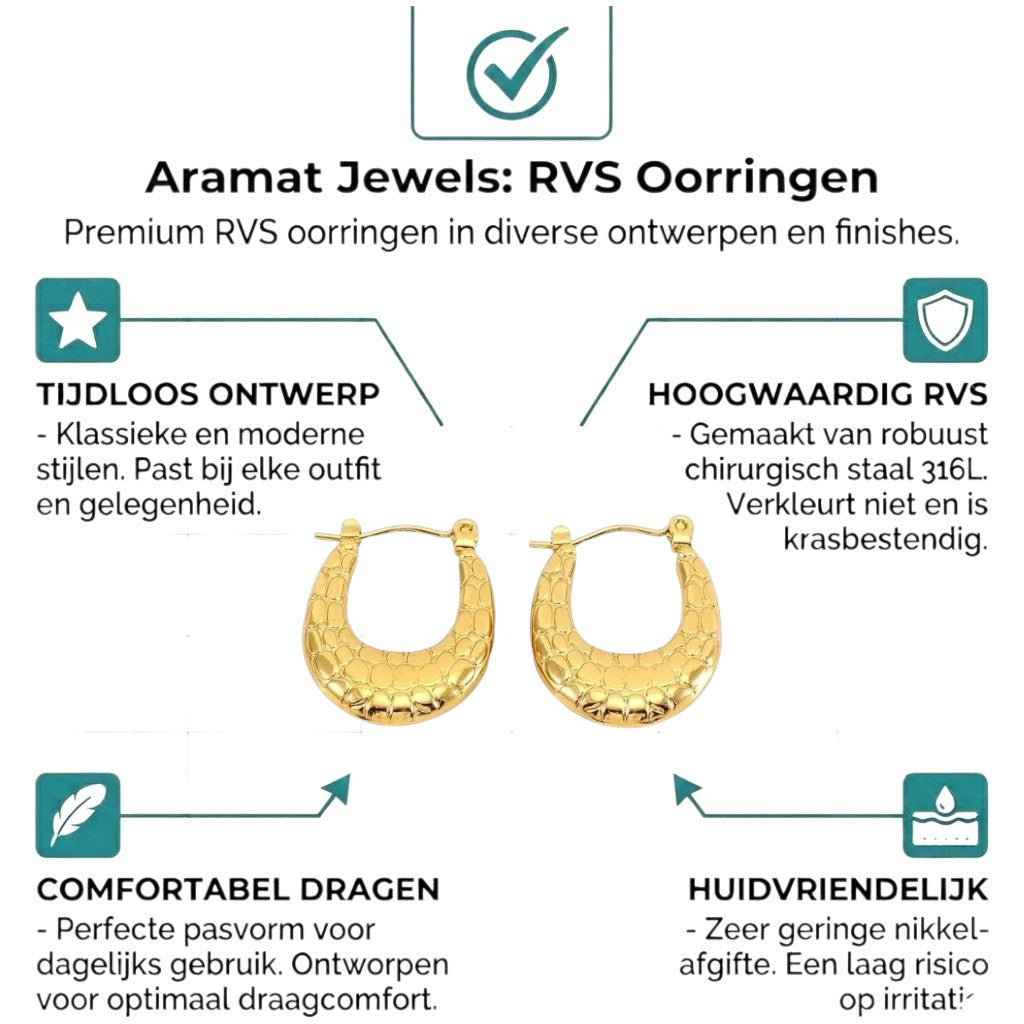 Aramat Jewels gold oval hoop earrings with a subtle textured pattern, 25x19mm, made of stainless steel.