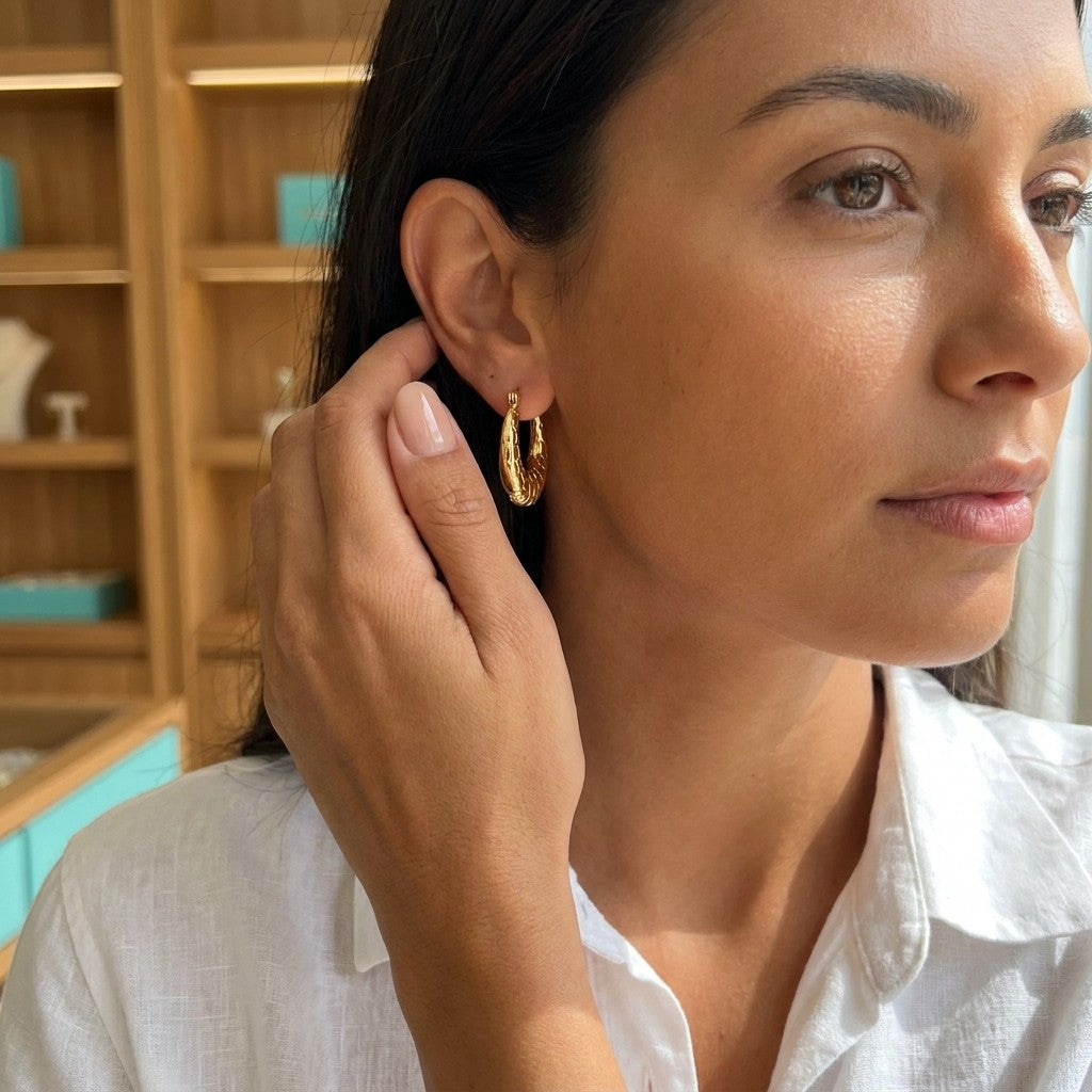 Aramat Jewels gold oval hoop earrings with a subtle textured pattern, 25x19mm, worn by a woman.