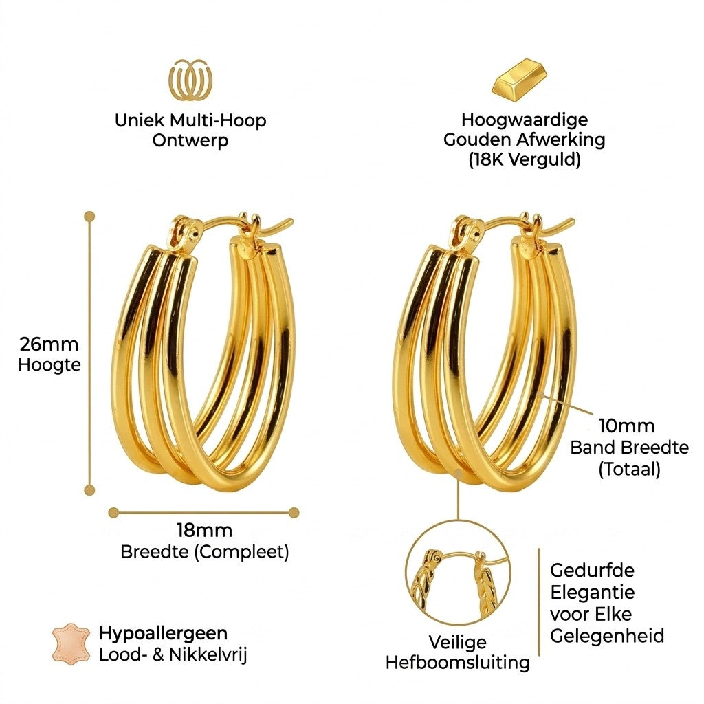 Aramat Jewels gold-colored oval triple hoop earrings, 26x18mm, made of stainless steel with a secure hinge closure.
