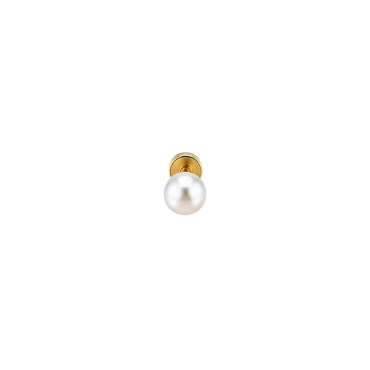 Aramat Jewels gold-colored helix piercing featuring a white synthetic pearl on a surgical steel barbell with flat back.