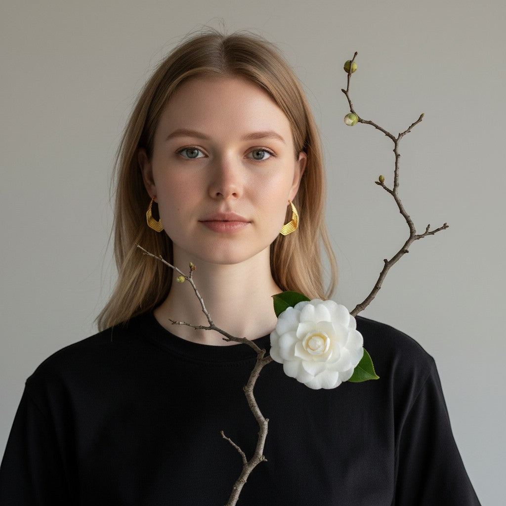 Aramat Jewels gold-coloured pentagon hoop earrings with 6 stacked rings, worn by a blonde woman.