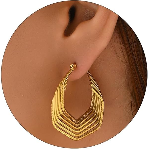 Aramat Jewels gold-coloured stainless steel pentagon hoop earrings with six stacked hoops, 35mm.
