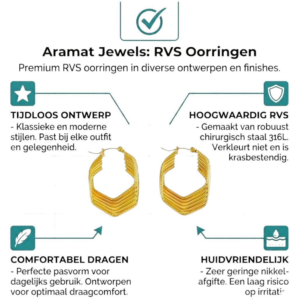 Aramat Jewels gold-coloured pentagonal hoop earrings with 6 layered hoops, 35mm high, made of stainless steel.