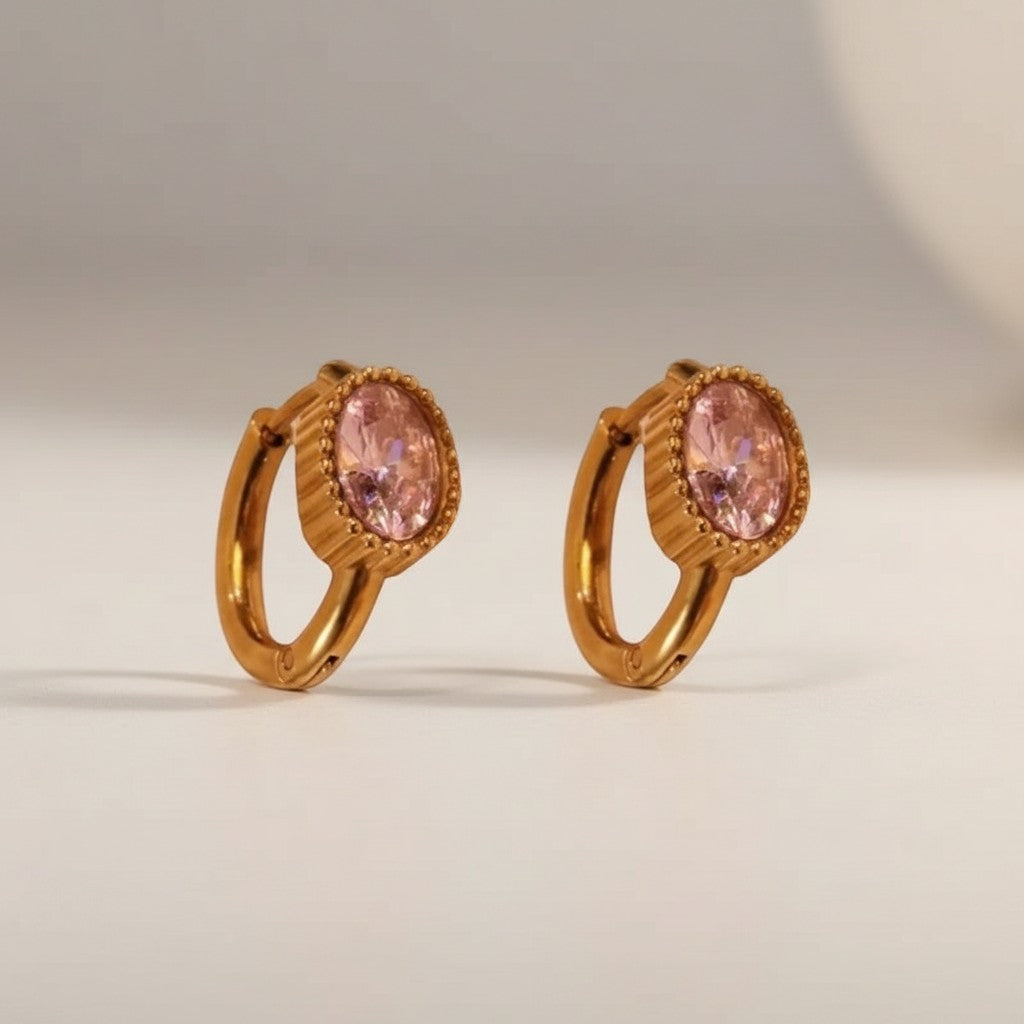 Aramat Jewels gold-tone mini hoop earrings with oval pink cubic zirconia stones, 15mm diameter.