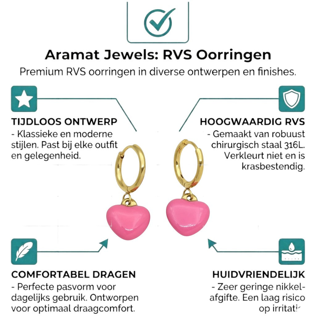 Aramat Jewels gold huggie hoop earrings with pink enamel heart charms.