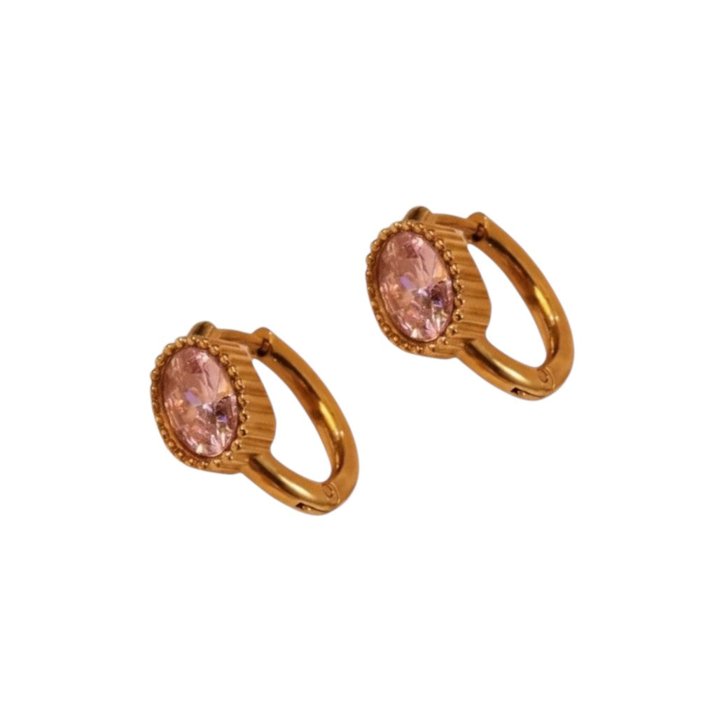 Aramat Jewels gold mini hoop earrings with oval pink zirconia stones, 15mm diameter.