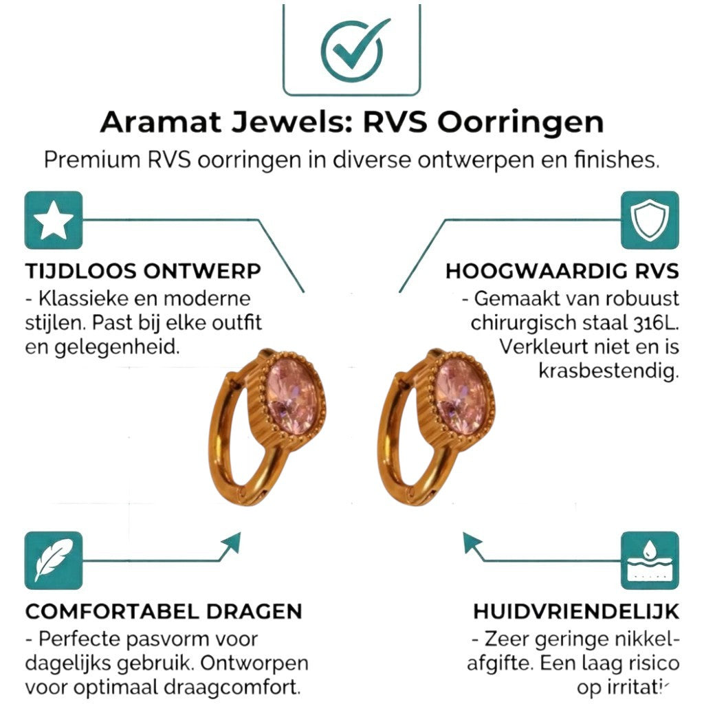 Aramat Jewels gold mini hoop earrings with oval pink zirconia stones, 15mm diameter.