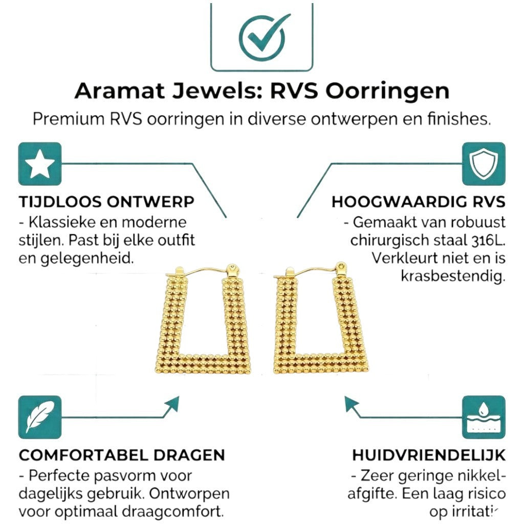 Aramat Jewels gold-tone rectangular hoop earrings with a beaded texture, 28x20mm.