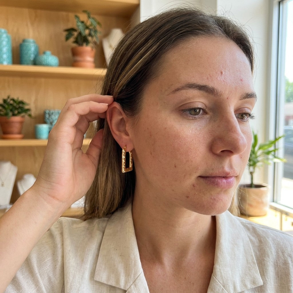 Aramat Jewels gold rectangular stainless steel earrings with a striped pattern, 26x18mm, worn by a woman.