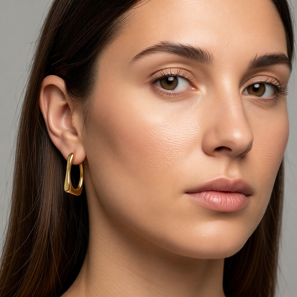 Aramat Jewels gold-tone stainless steel rectangular hoop earrings with a smooth finish, worn by a model.