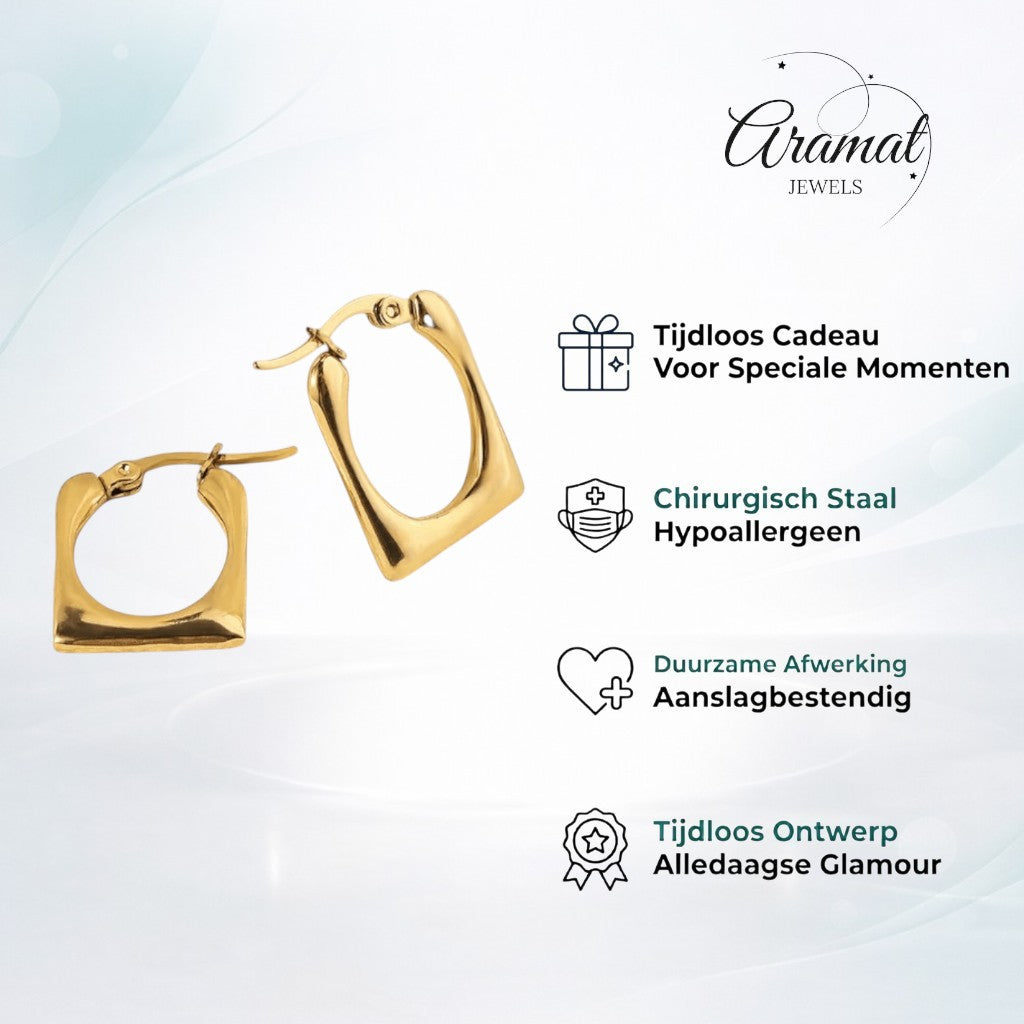 Aramat Jewels gold-tone stainless steel rectangular hoop earrings with a smooth finish, 23x16mm.