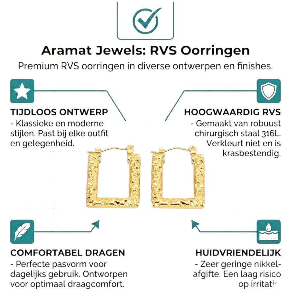 Aramat Jewels gold-tone stainless steel rectangular hoop earrings with a textured stripe pattern, 26x18mm.
