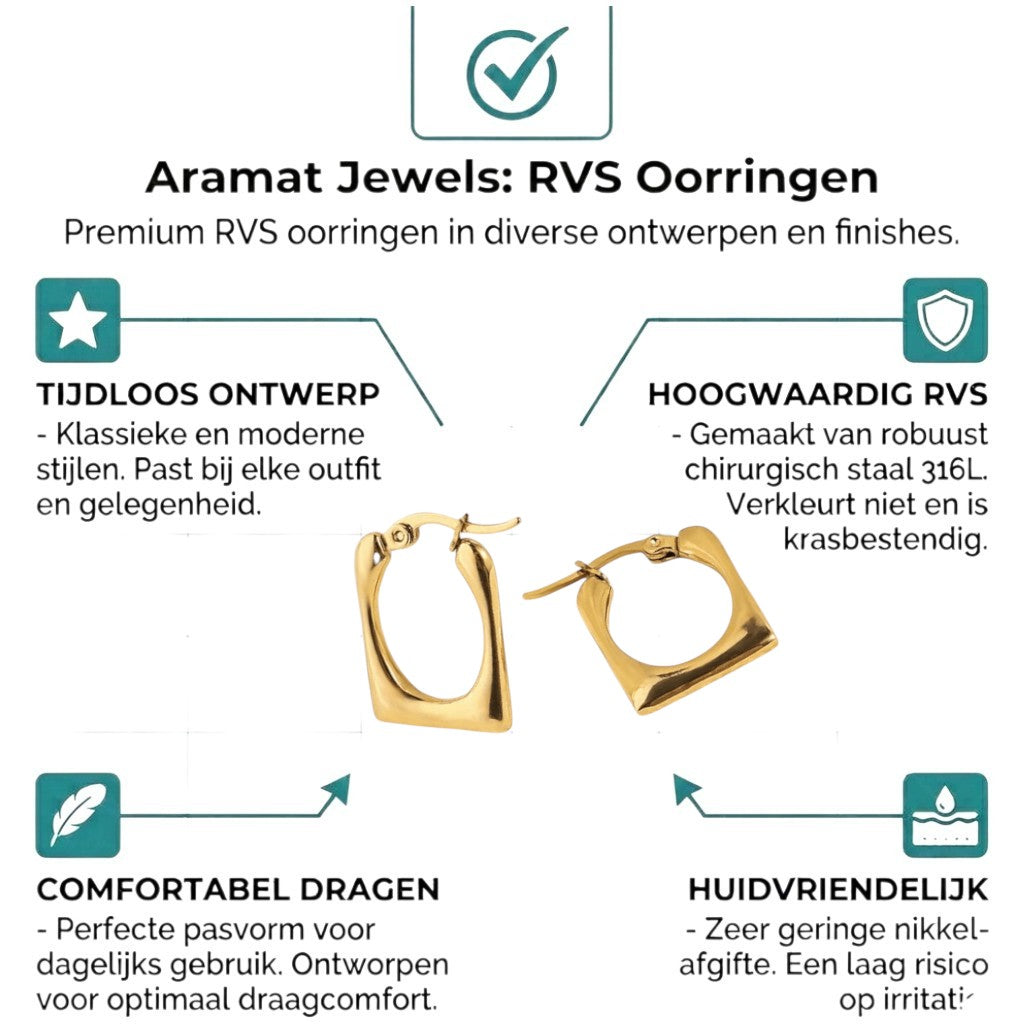Aramat Jewels gold-tone stainless steel rectangular hoop earrings with a smooth finish, 23x16mm.