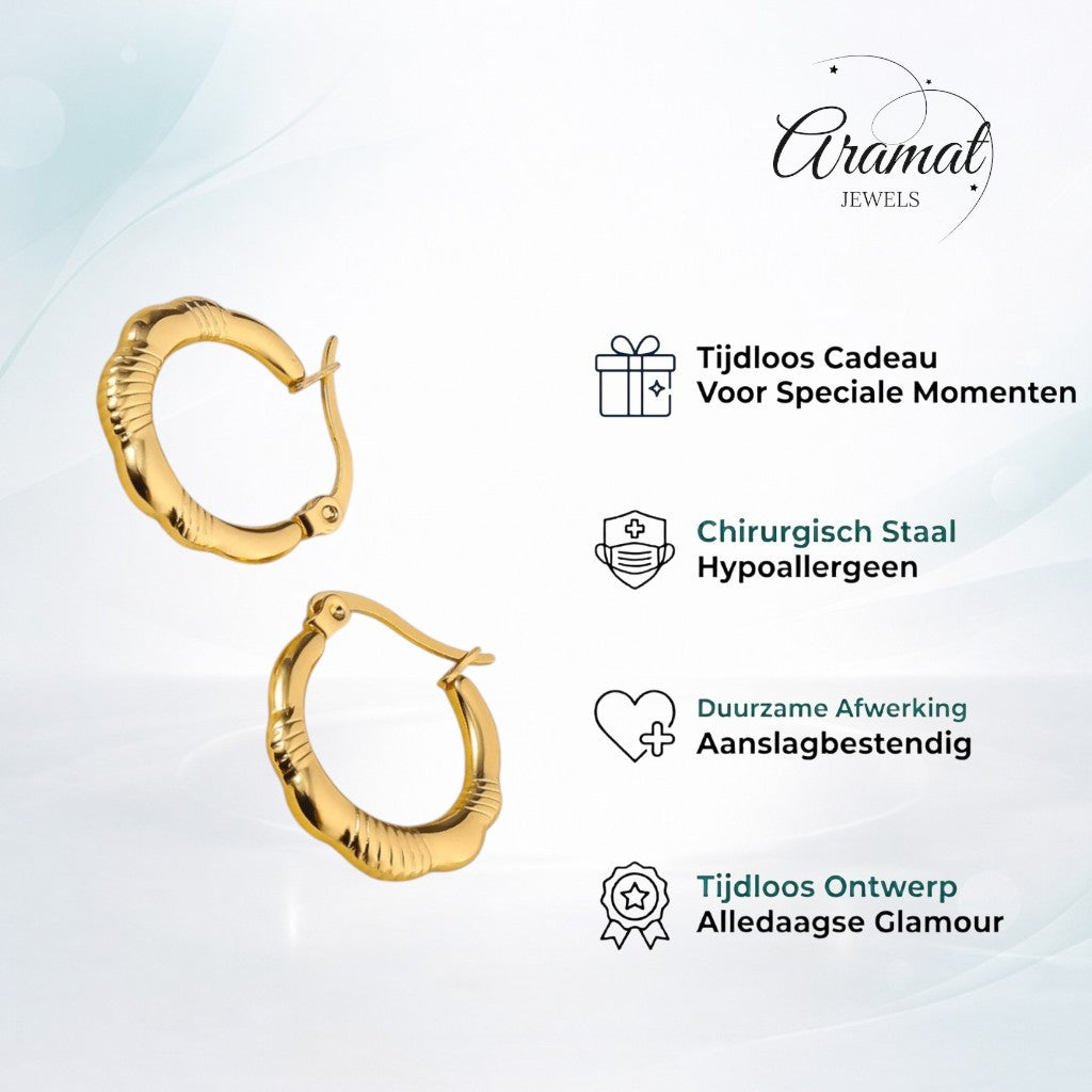 Aramat Jewels gold-tone stainless steel hoop earrings with a ribbed stripe design, 20mm diameter.