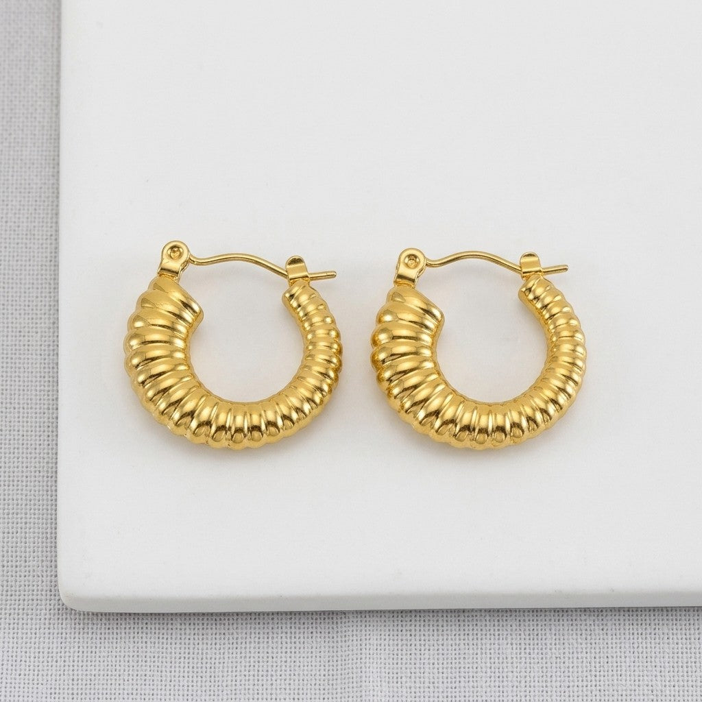 Aramat Jewels gold-tone stainless steel hoop earrings with a ribbed, twisted design. 20mm diameter.