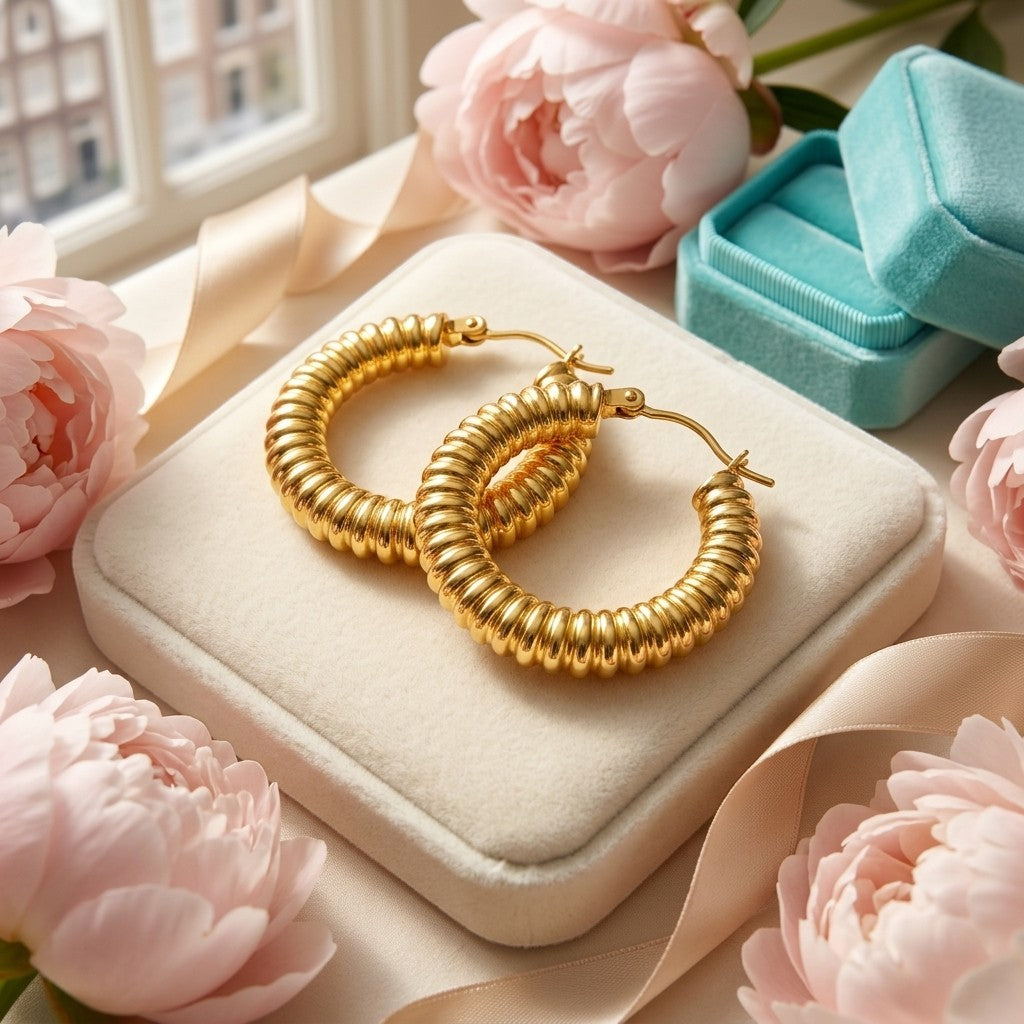 Aramat Jewels gold ribbed hoop earrings with a striped pattern, 22x4mm, made of stainless steel.