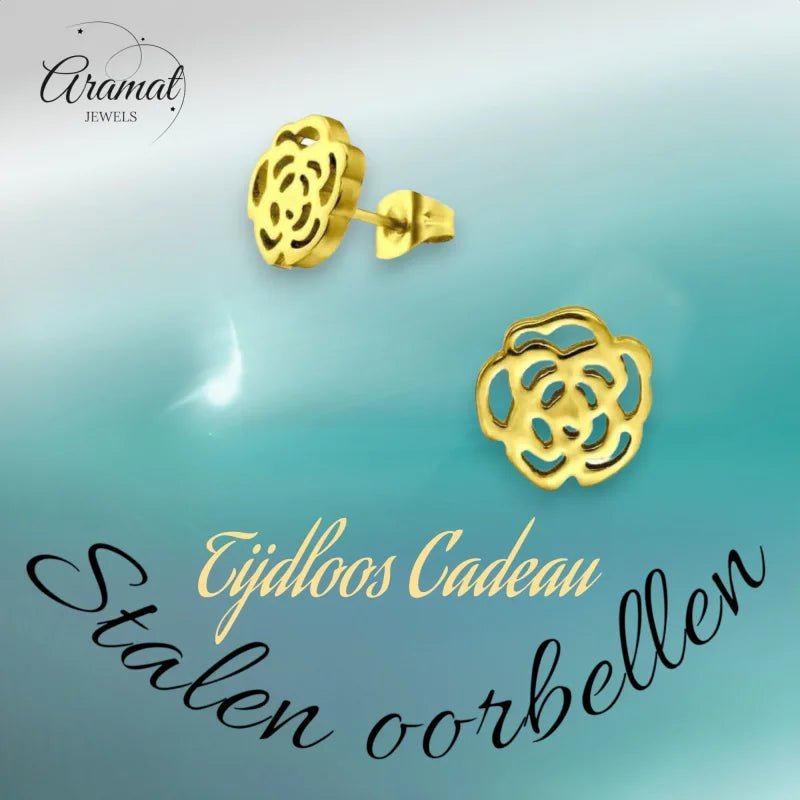 Aramat Jewels gold-colored stainless steel rose stud earrings with an elegant open-cut floral design