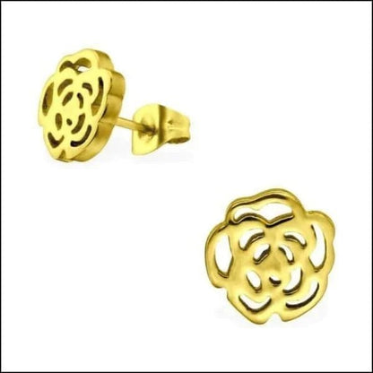 Aramat Jewels gold-colored stainless steel stud earrings featuring an elegant open-cut rose flower design.