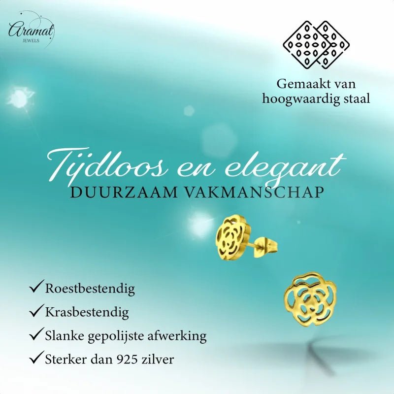 Aramat Jewels gold-tone stainless steel rose stud earrings with an elegant open-cut floral design for women.