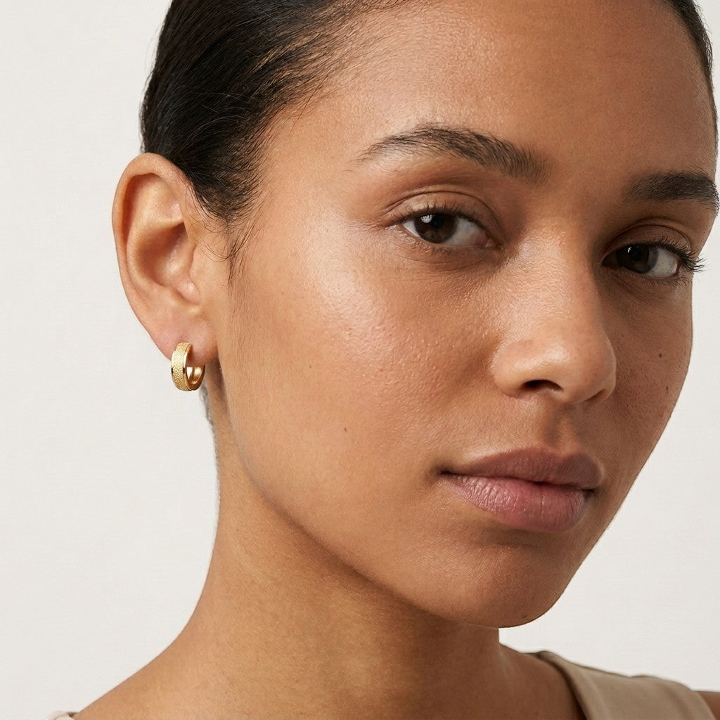 Aramat Jewels gold-tone stainless steel hoop earrings with sandblasted texture, 13mm or 20mm diameter.