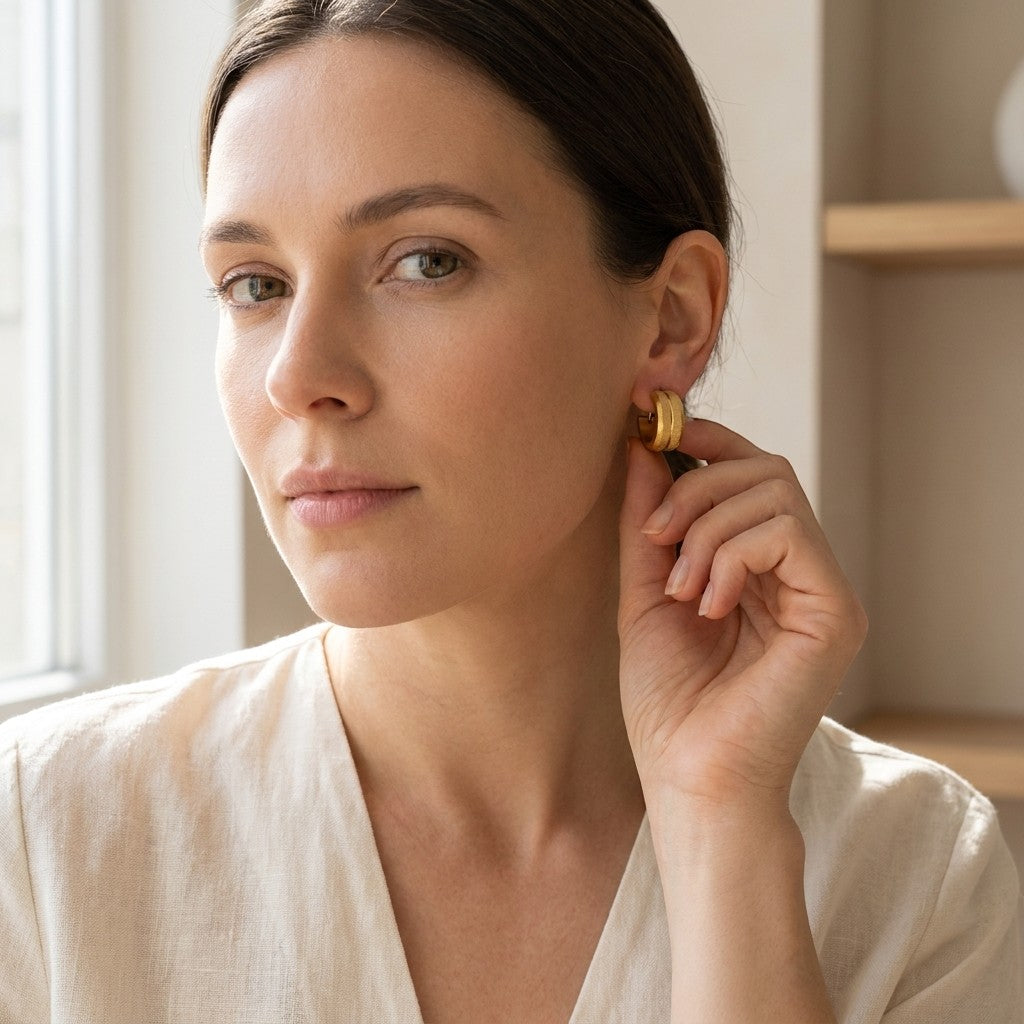 Aramat Jewels gold-coloured steel hoop earrings with sandblasted stripes, 13x7mm, worn by a woman.