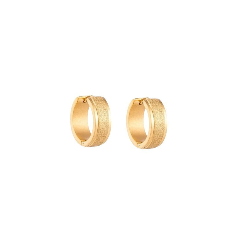 Aramat Jewels gold-tone stainless steel hoop earrings with sandblasted texture, 13mm or 20mm diameter.