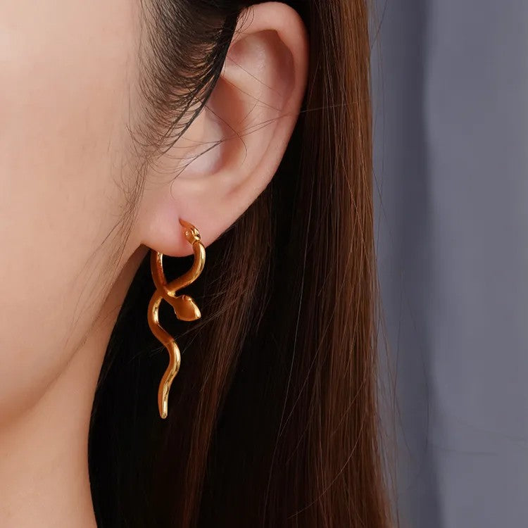 Aramat Jewels gold-tone stainless steel snake hoop earrings, 42mm, smooth finish, statement earrings for women.