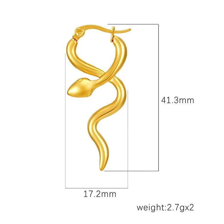 Aramat Jewels gold-tone stainless steel snake hoop earrings, 42mm, smooth finish, statement jewelry.