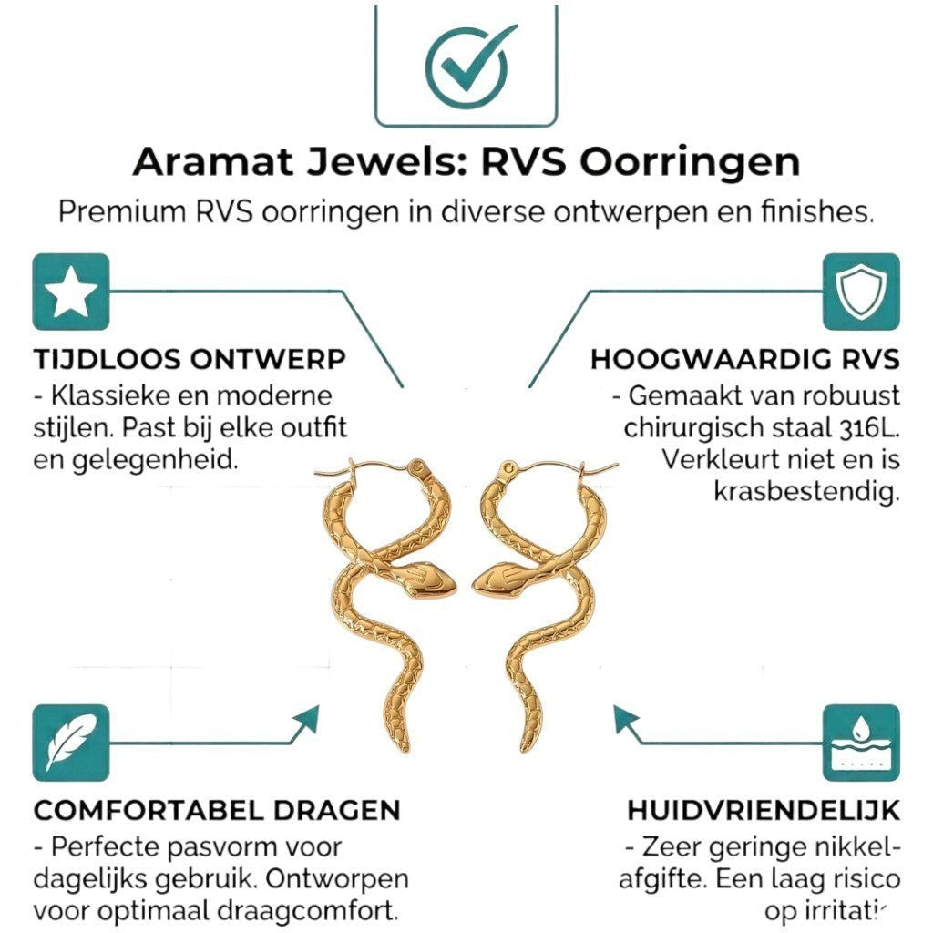 Aramat Jewels gold-tone stainless steel snake hoop earrings with textured scales, 42x17 mm.