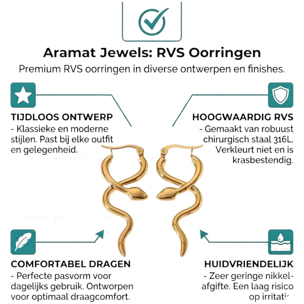 Aramat Jewels gold-tone stainless steel snake hoop earrings, 42mm, smooth finish, statement jewelry.