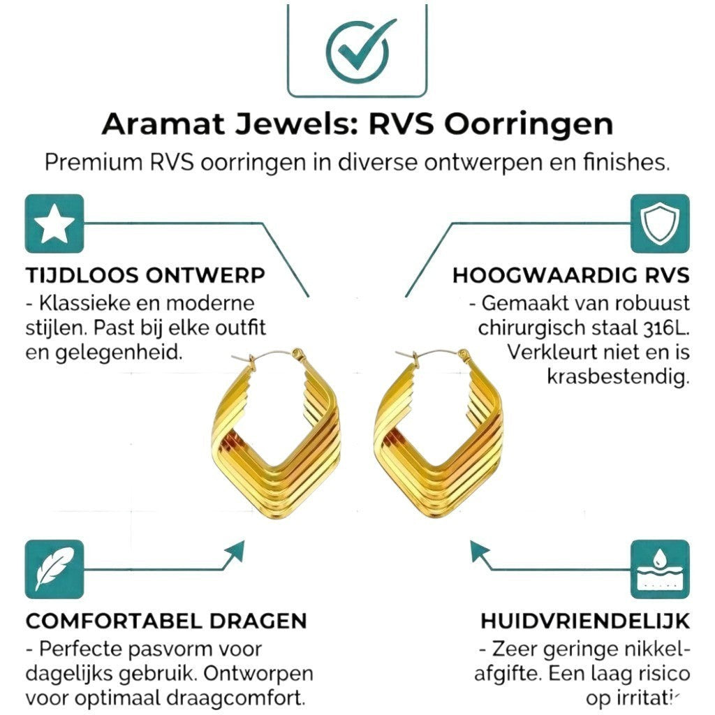 Aramat Jewels gold-tone stainless steel square hoop earrings with 6 stacked tubes, 39mm high.