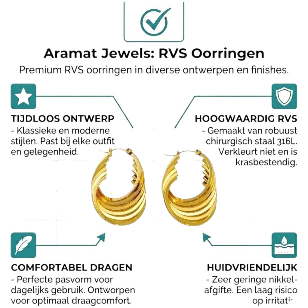 Aramat Jewels gold-tone stainless steel hoop earrings with a stacked, layered square design. 37mm height.