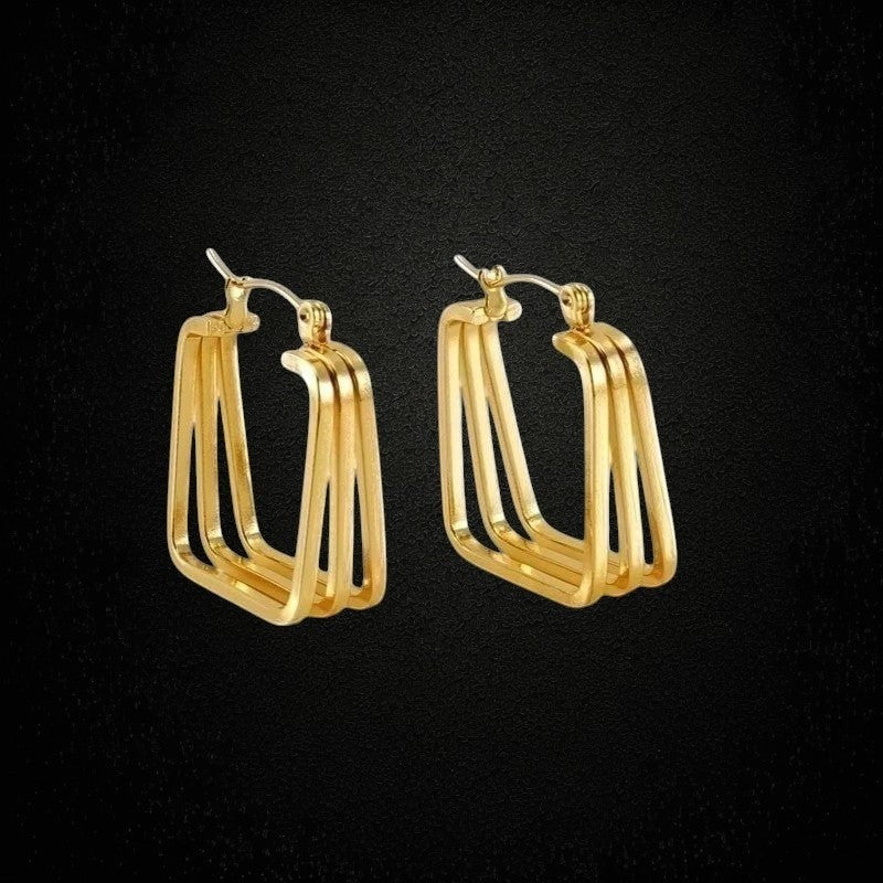 Aramat Jewels gold-tone stainless steel square hoop earrings with a 3-in-1 layered design and hinge closure.