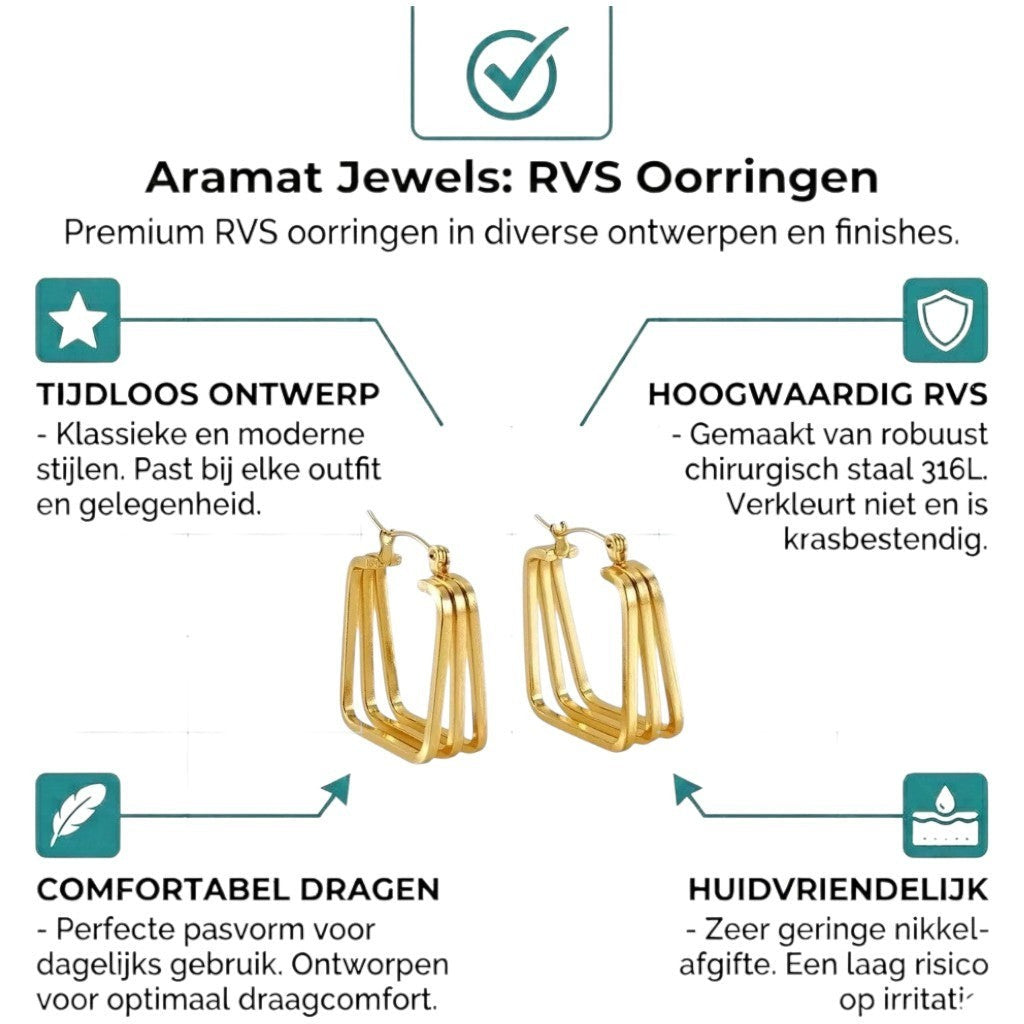 Aramat Jewels gold-tone stainless steel square hoop earrings with a 3-in-1 layered design and hinge closure.