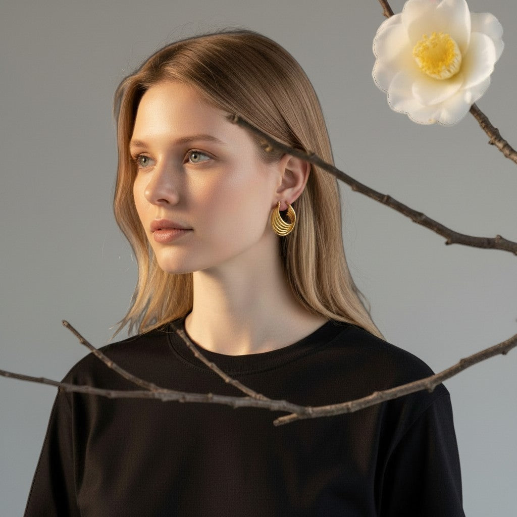 Aramat Jewels gold-tone stainless steel square hoop earrings, 37mm, featuring six stacked hoops for a layered look.