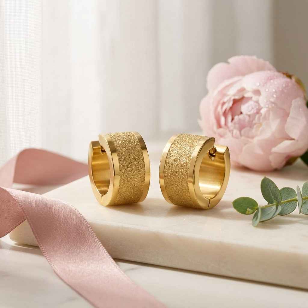Aramat Jewels gold-tone stainless steel hoop earrings with sandblasted stripe detail, 13x7mm.