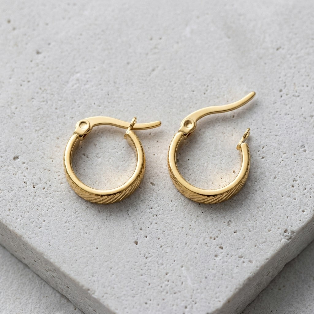 Aramat Jewels small gold stainless steel hoop earrings with a subtle striped pattern and hinge closure.