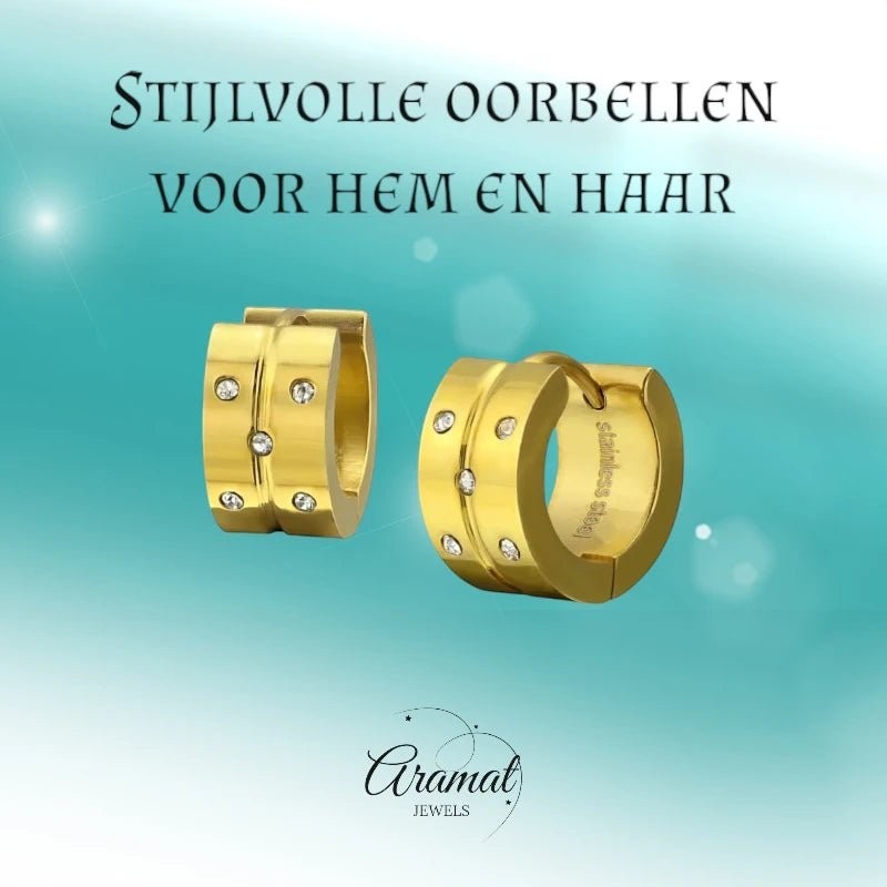 Aramat Jewels gold-colored stainless steel hoop earrings with 5 clear cubic zirconia stones each, 13x7mm, click closure.