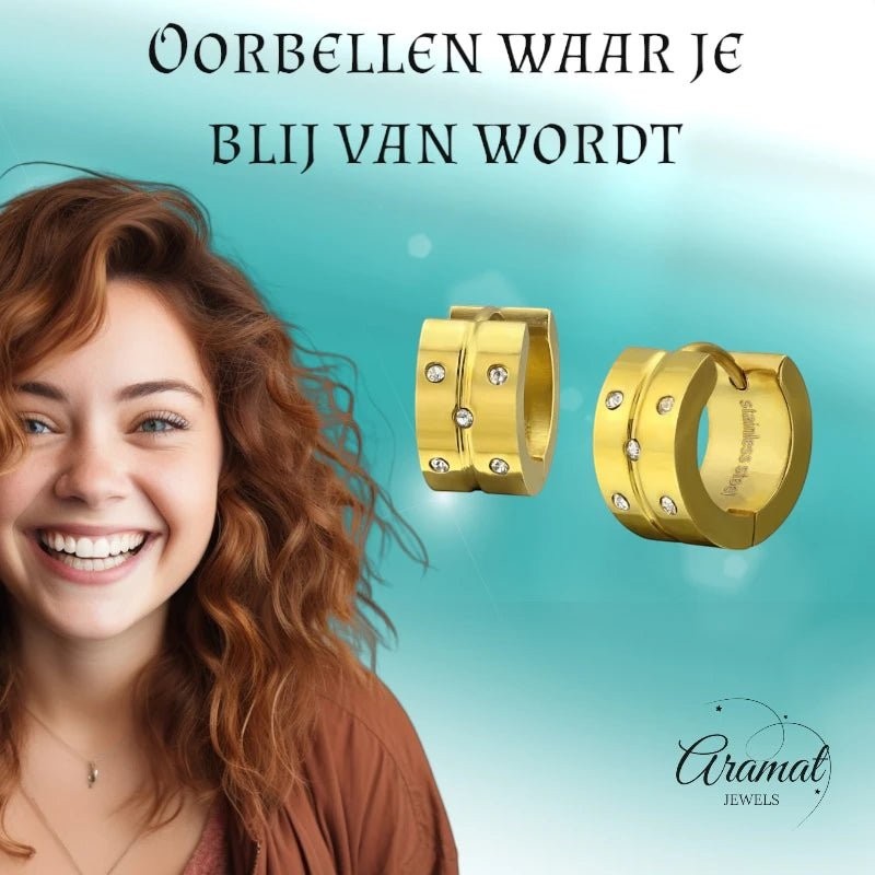 Aramat Jewels gold-colored stainless steel hoop earrings with 5 clear cubic zirconia stones each. Classic design with a modern twist.