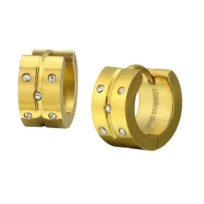 Aramat Jewels gold-colored stainless steel hoop earrings with five clear cubic zirconia stones set in a row.
