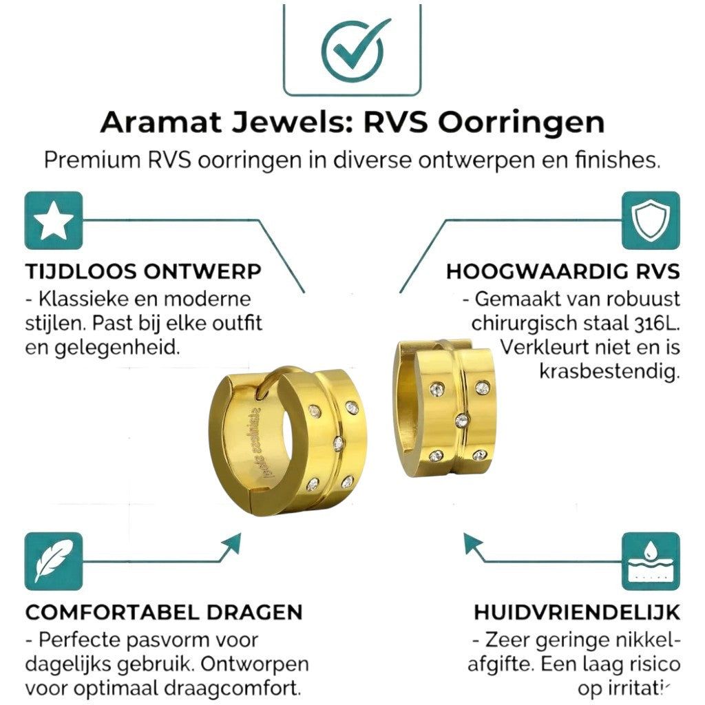 Aramat Jewels gold-colored stainless steel hoop earrings with 5 small cubic zirconia stones on each.